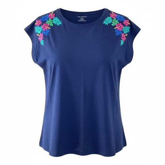 Talbots Petites Navy Embroidered Cap Sleeve T-Shirt Lp 100% Cotton, Large Petite - Picture 8 of 9